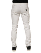 Dolce & Gabbana White Cotton Logo Plaque Slim Fit Denim Jeans
