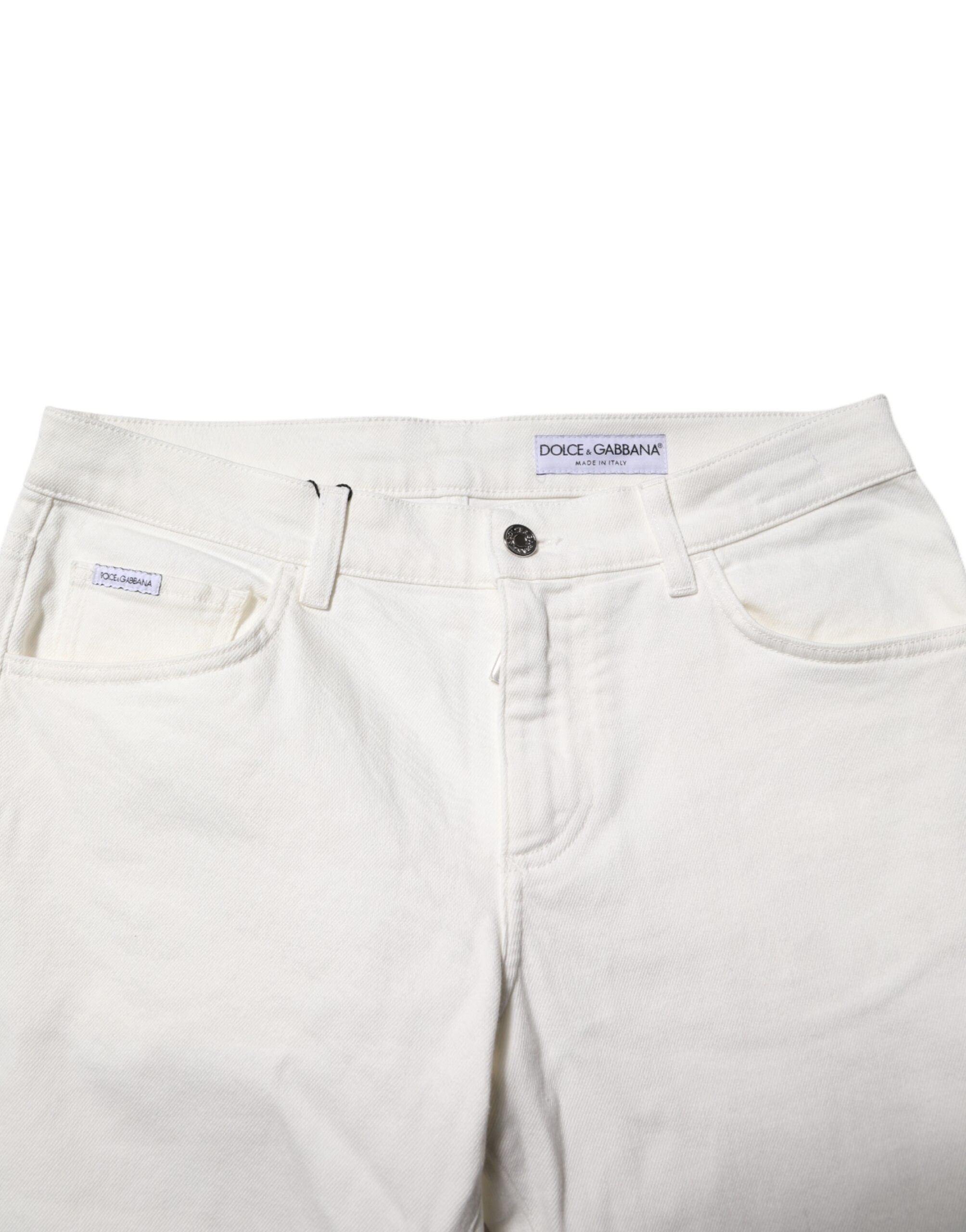 Dolce & Gabbana White Cotton Logo Plaque Slim Fit Denim Jeans