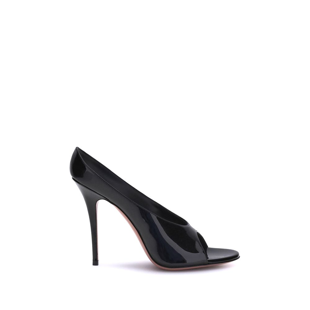 Amina Muaddi Black Calf Leather Bos Taurus Stiletto Heel Sandals