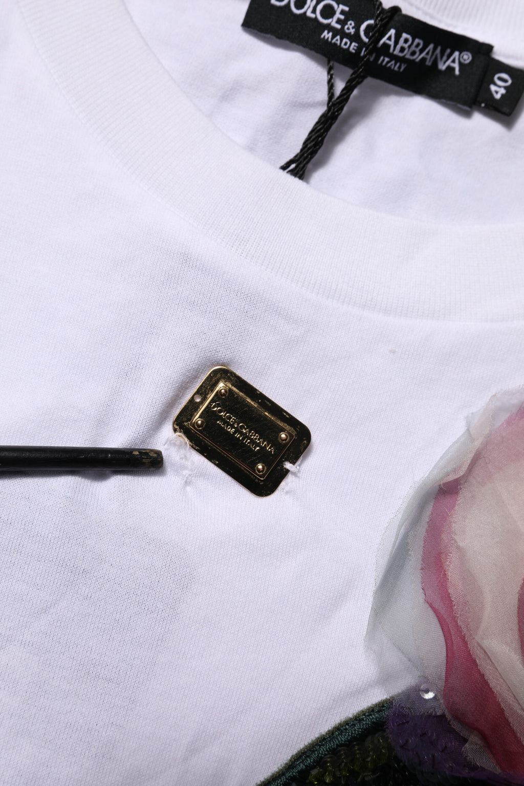 Dolce & Gabbana White Floral Lace DG Detailing Cropped T-shirt