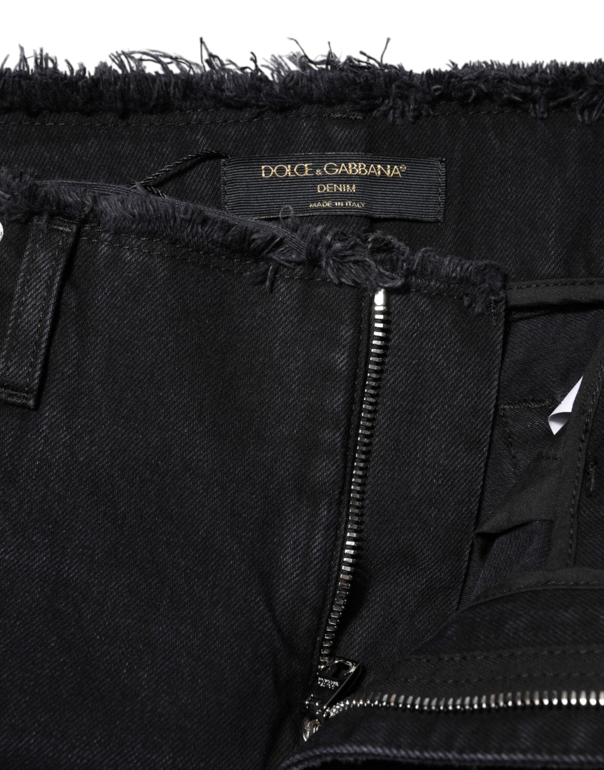 Dolce & Gabbana Black Cotton Tattered Mid Waist Denim Jeans