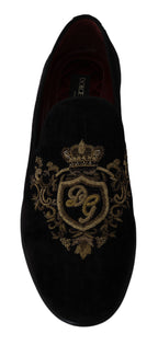 Dolce & Gabbana Loafers Black Velvet Gold Crown