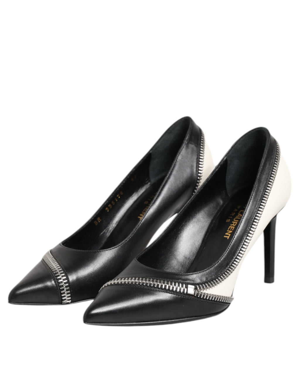 Saint Laurent White Black Leather Pointed Toe Heels Shoes