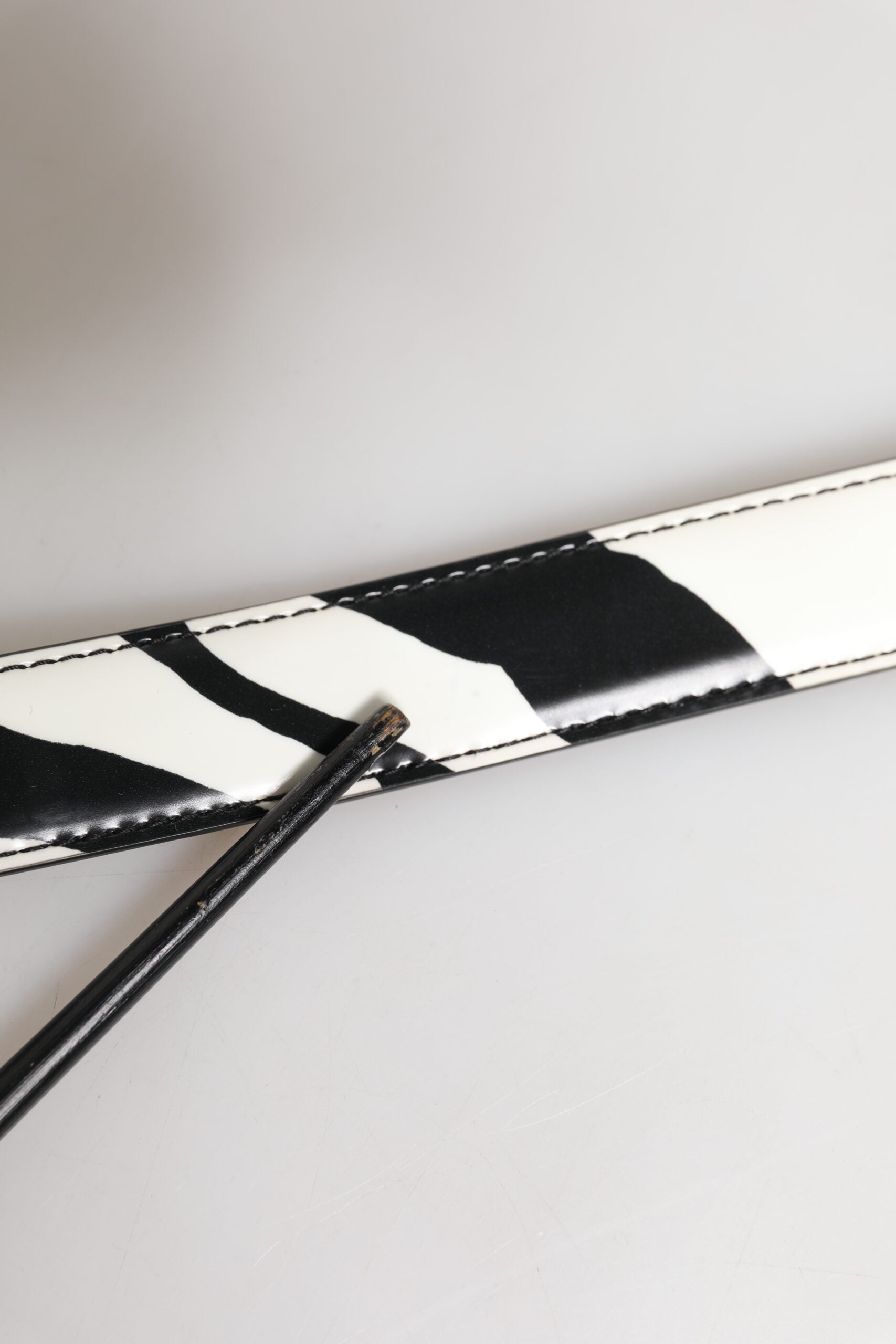 Dolce & Gabbana Black White Leather Silver Metal Buckle Belt