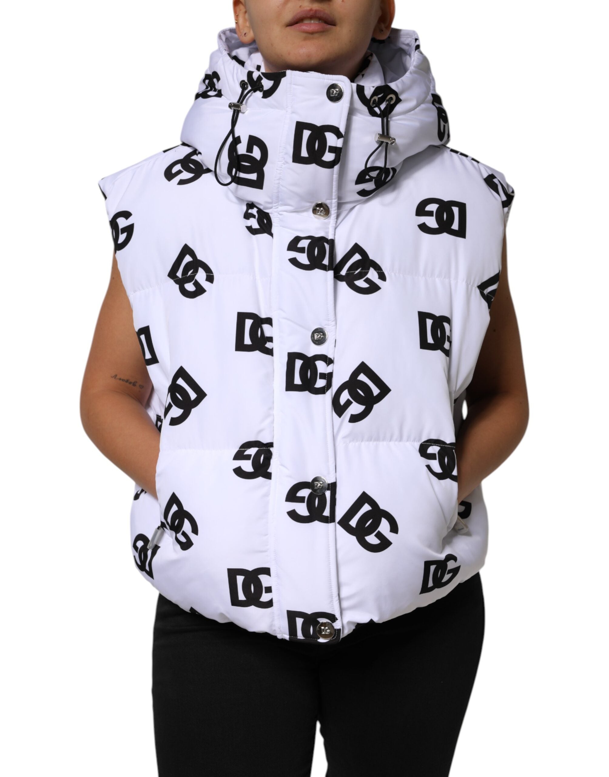 Dolce & Gabbana White Black DG Mania Polyester Puffer Jacket