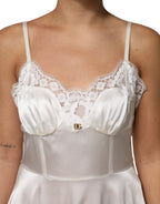 Dolce & Gabbana White Lace DG Logo Silk Dress Sleepwear