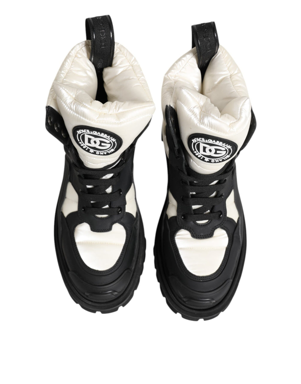Dolce & Gabbana Black White Padded Lace Up Short Boots Shoes
