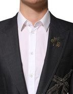 Dolce & Gabbana Dark Gray Bee Embroidery Wool Coat Blazer