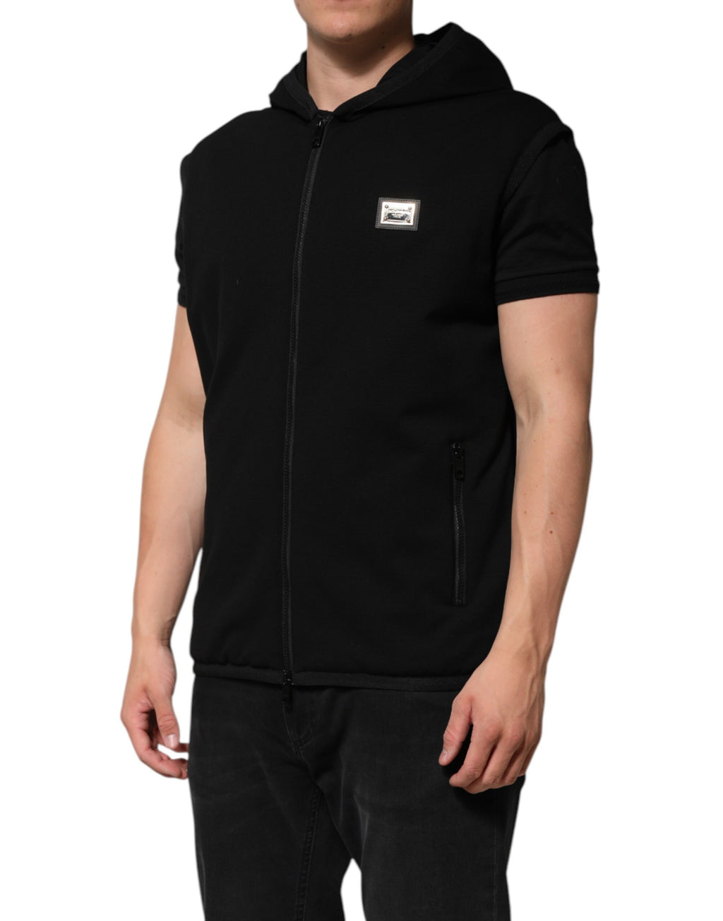 Dolce & Gabbana Black Sleeveless Hooded Logo Plaque Jacket
