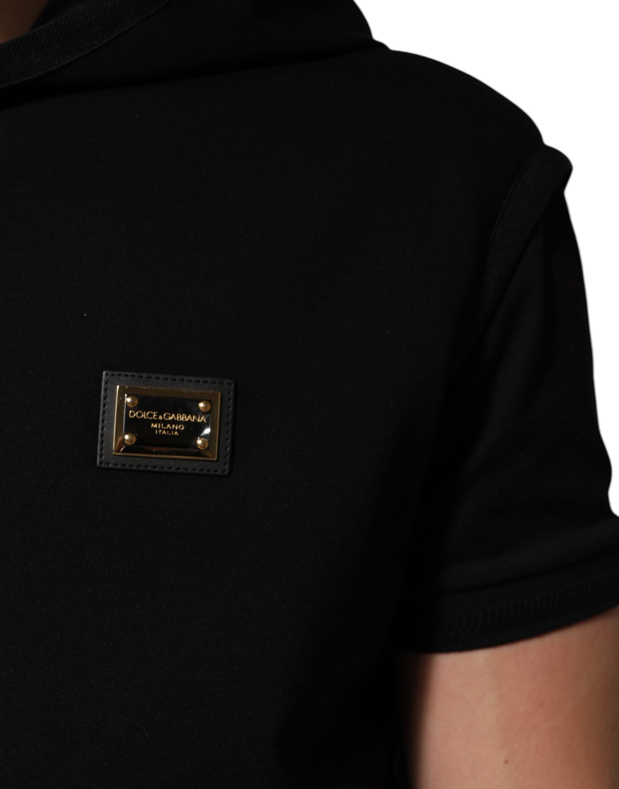 Dolce & Gabbana Black Sleeveless Hooded Logo Plaque Jacket
