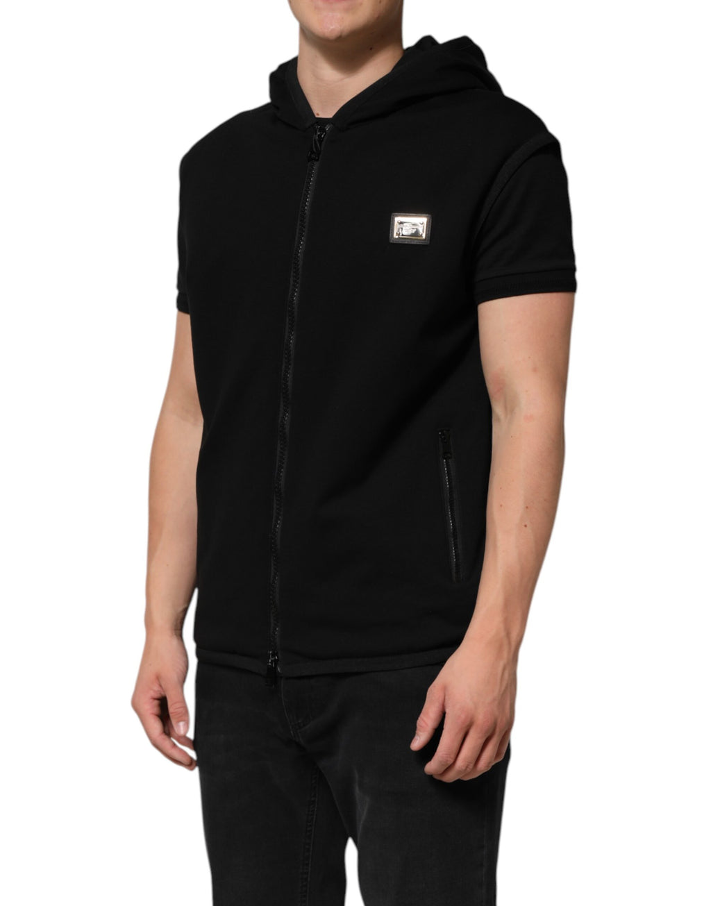 Dolce & Gabbana Black Sleeveless Hooded Logo Plaque Jacket