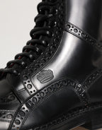Dolce & Gabbana Black Leather Lace Up Mid Calf Boots Shoes