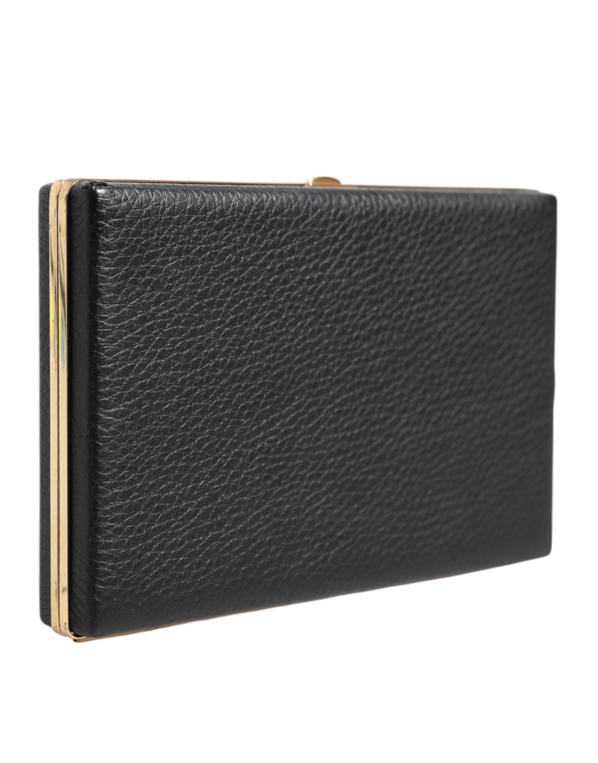 Dolce & Gabbana Black Leather Gold Frame Clutch Evening Party Purse Bag