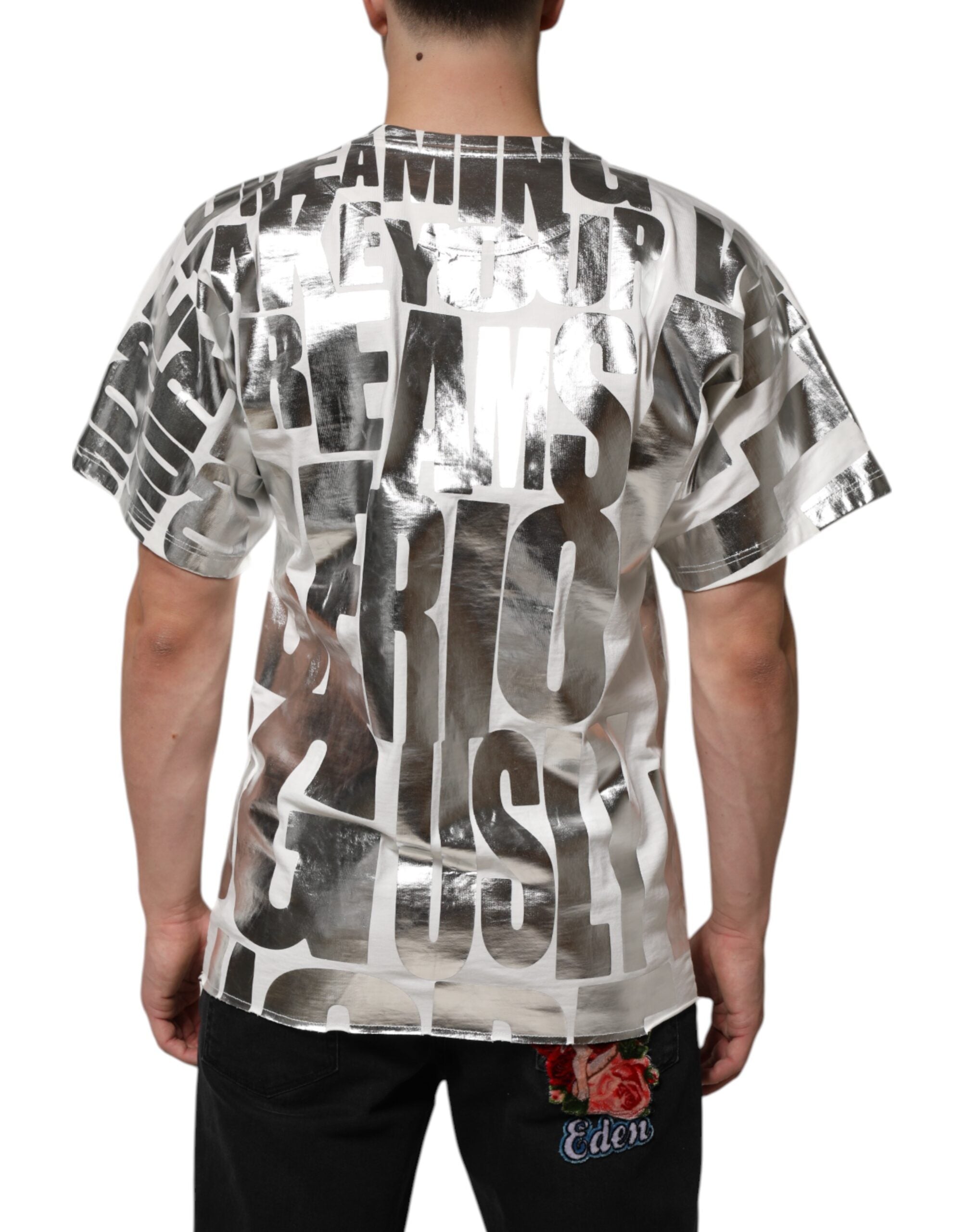 Dolce & Gabbana White Metallic Print Cotton CrewNeck T-shirt