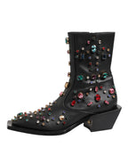 Dolce & Gabbana Black Crystal Cowboy Leather Men Boots Shoes