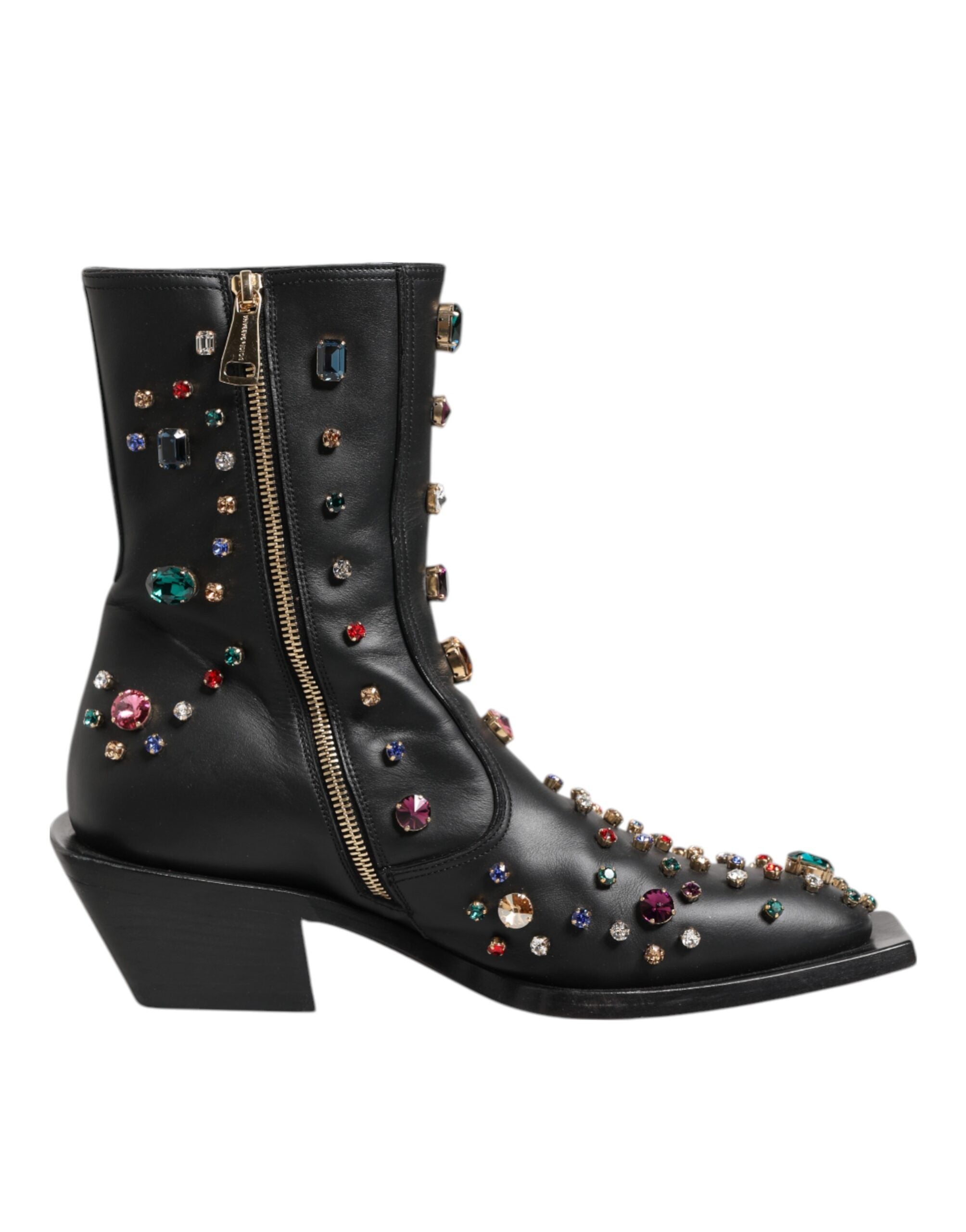 Dolce & Gabbana Black Crystal Cowboy Leather Men Boots Shoes