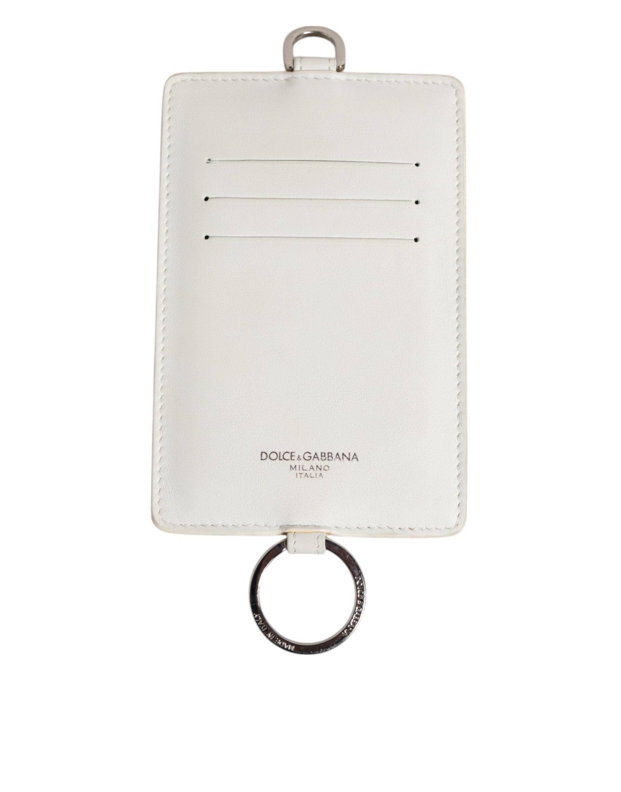 Dolce & Gabbana White Calf Leather Lanyard Logo Card Holder Men Wallet