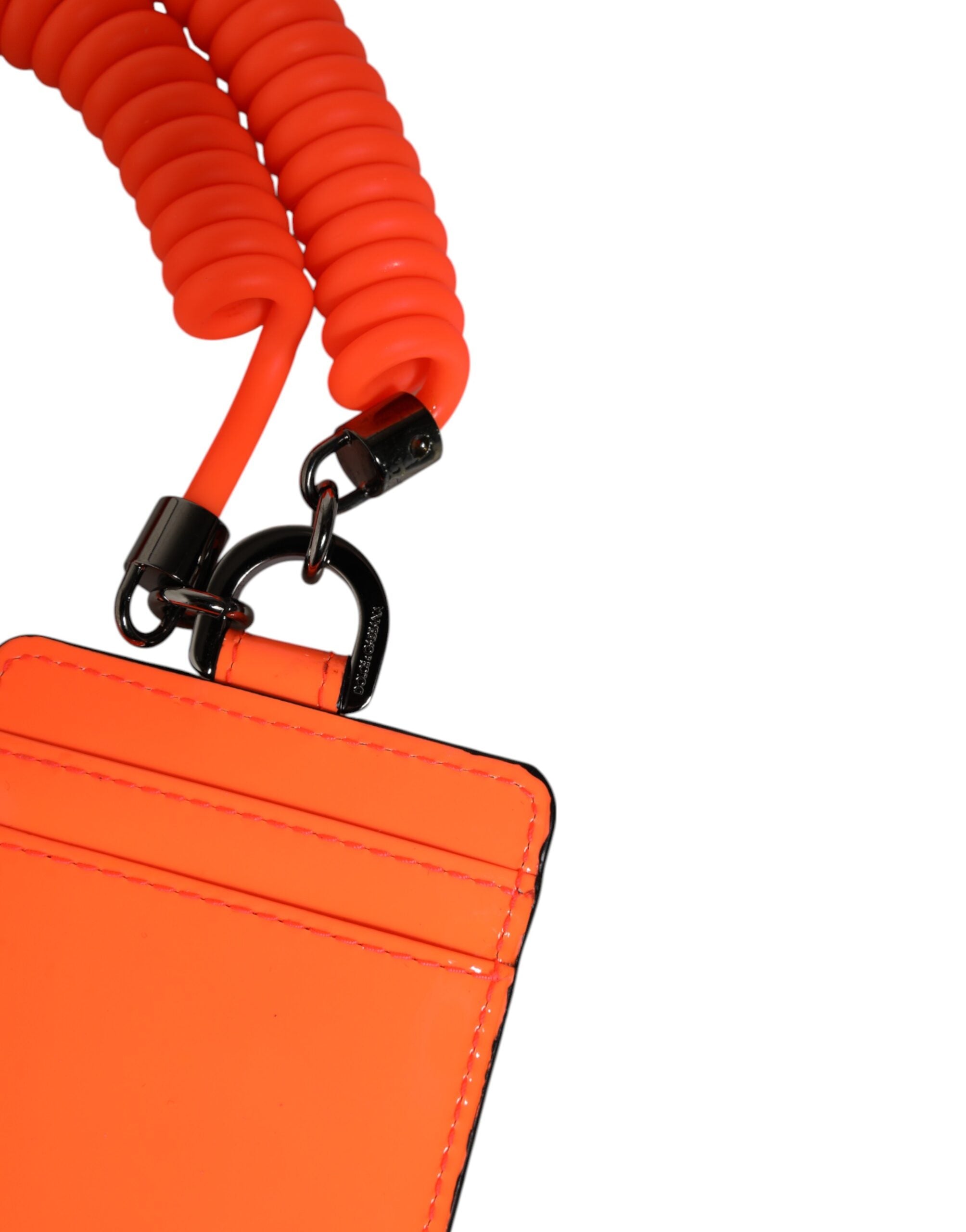 Dolce & Gabbana Orange Leather Logo Embossed Lanyard Card Holder Wallet