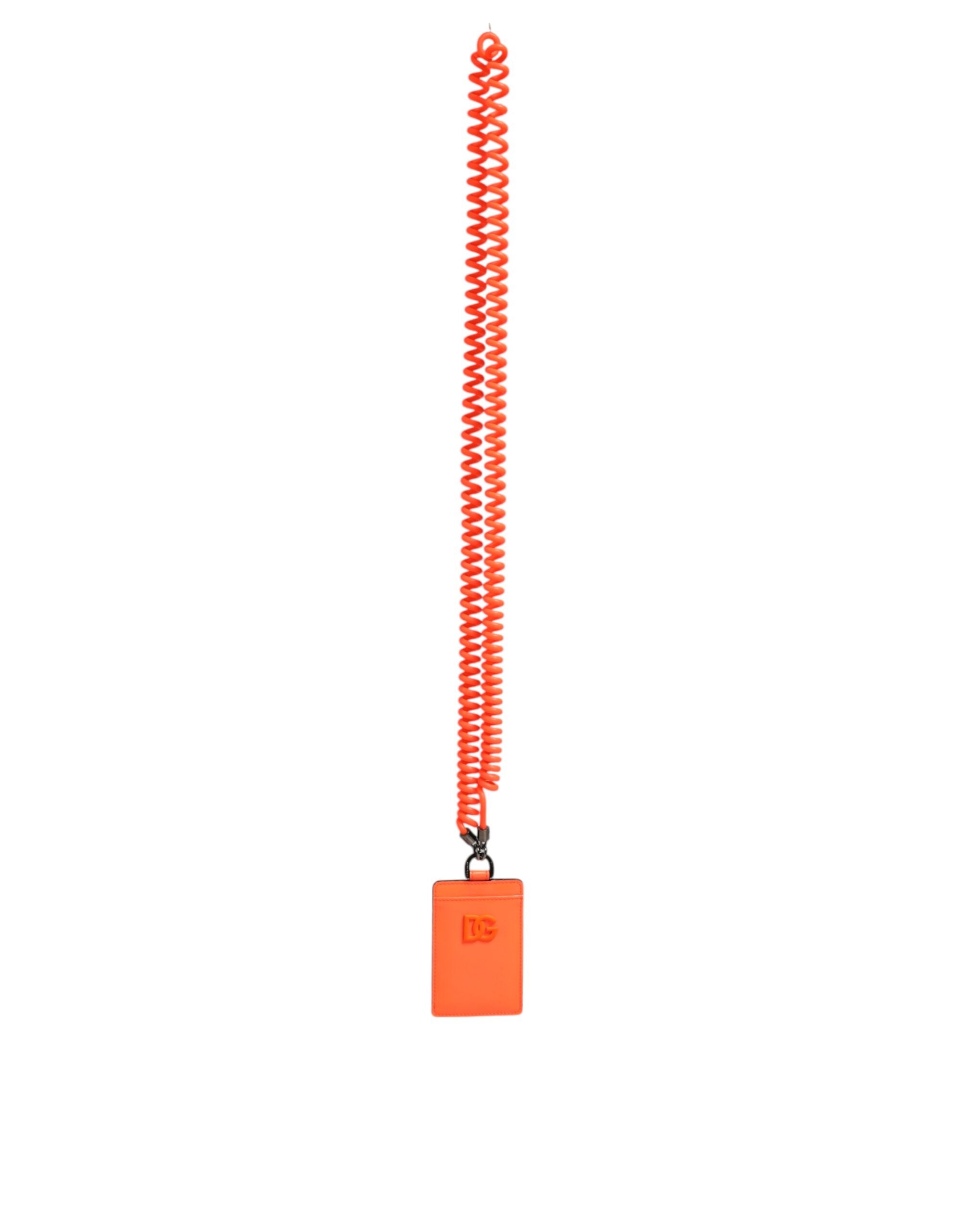 Dolce & Gabbana Orange Leather Logo Embossed Lanyard Card Holder Wallet