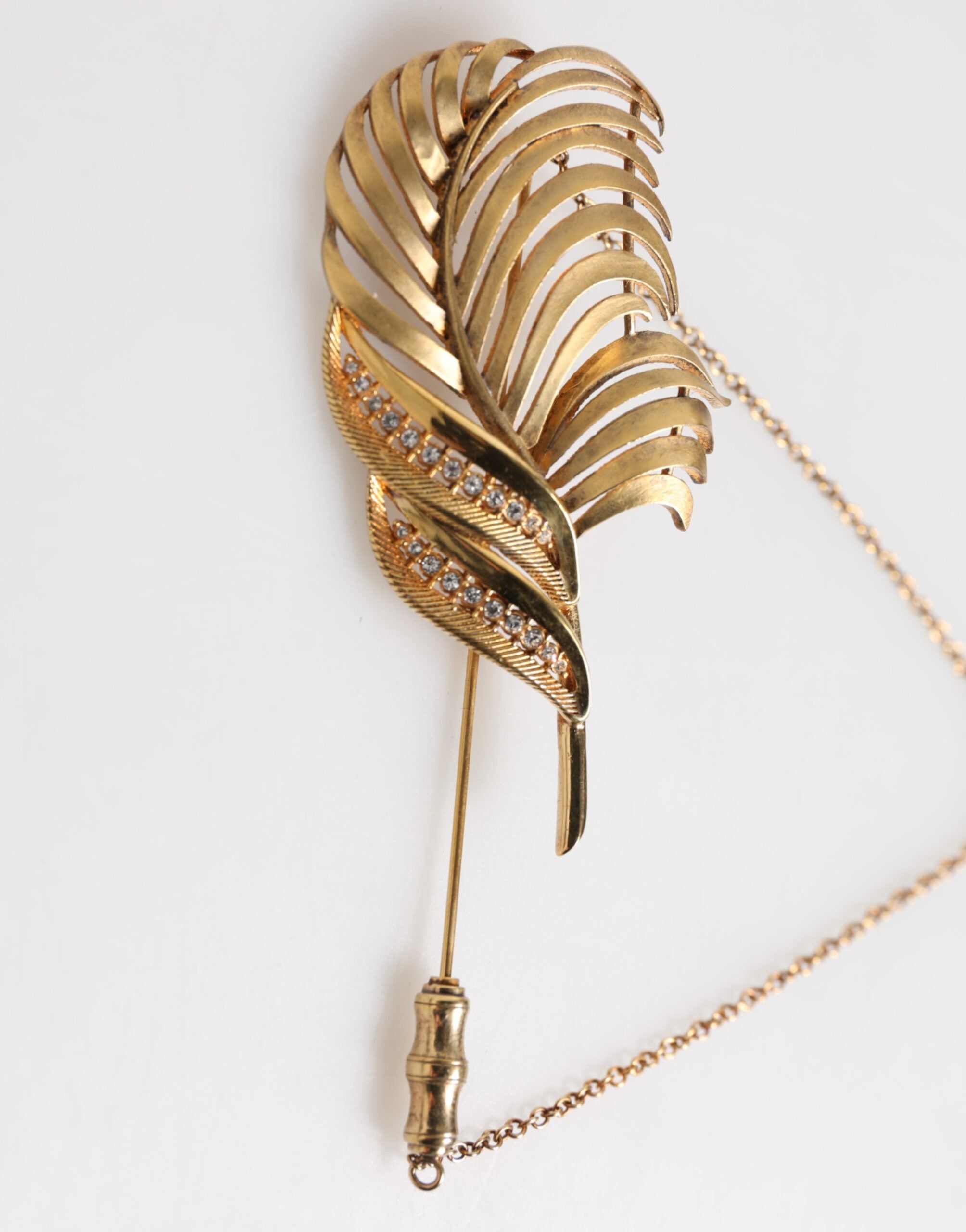 Dolce & Gabbana Gold Tone Leaf 925 Sterling Silver Crystal Chain Brooch