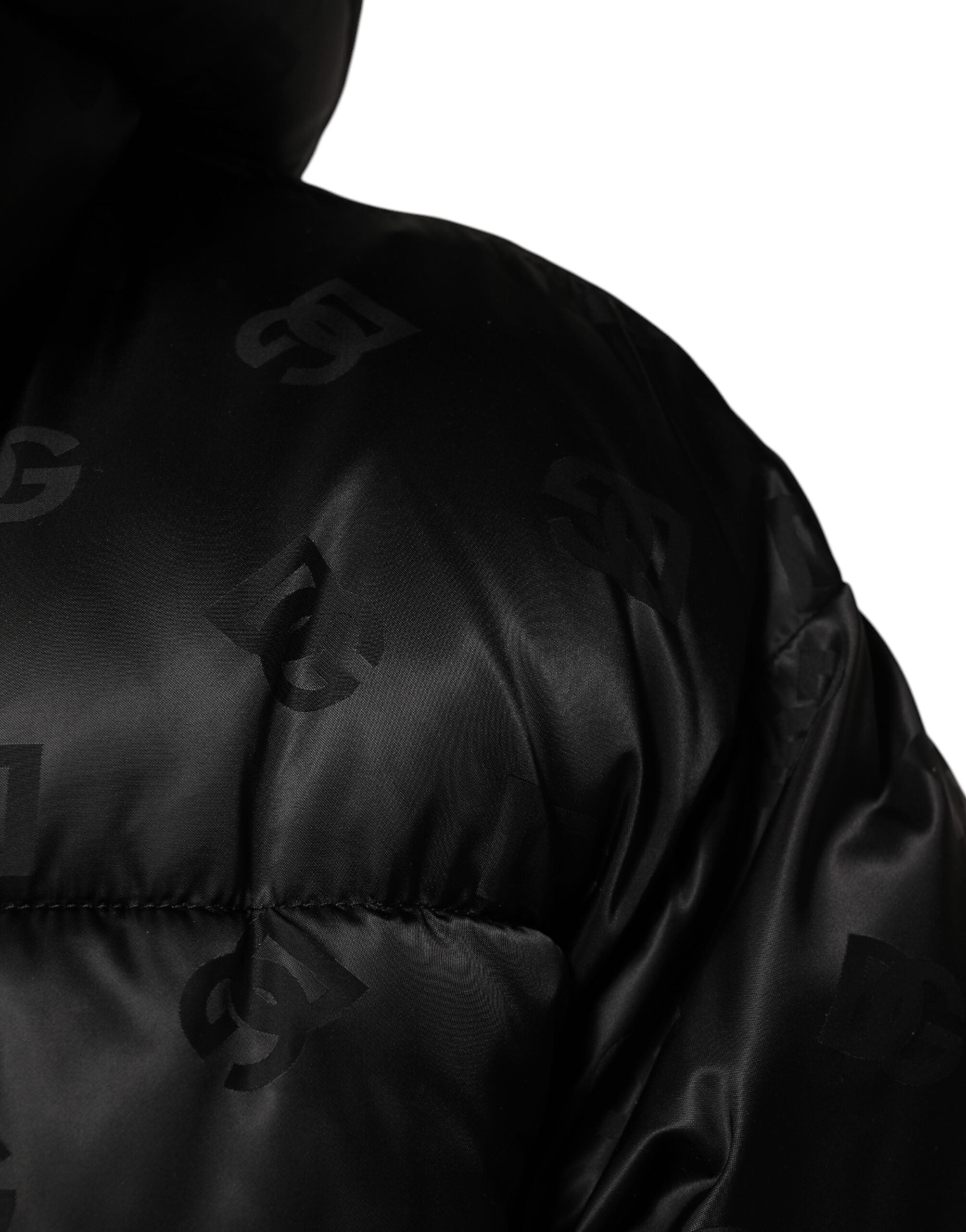 Dolce & Gabbana Black Monogram Logo Puffer Nylon Hooded Jacket
