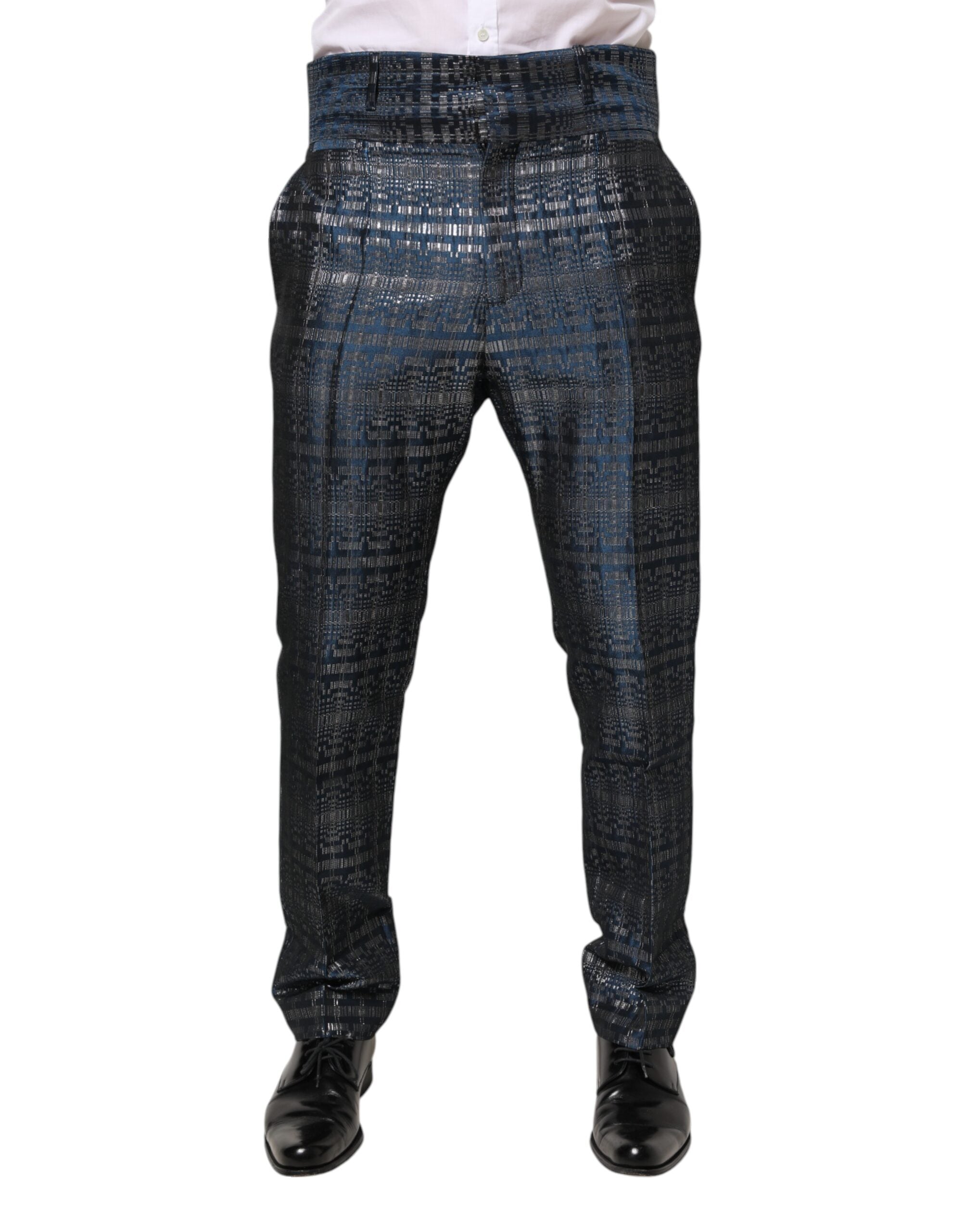 Dolce & Gabbana Blue Silver Shiny Silk Skinny Men Trouser Pants