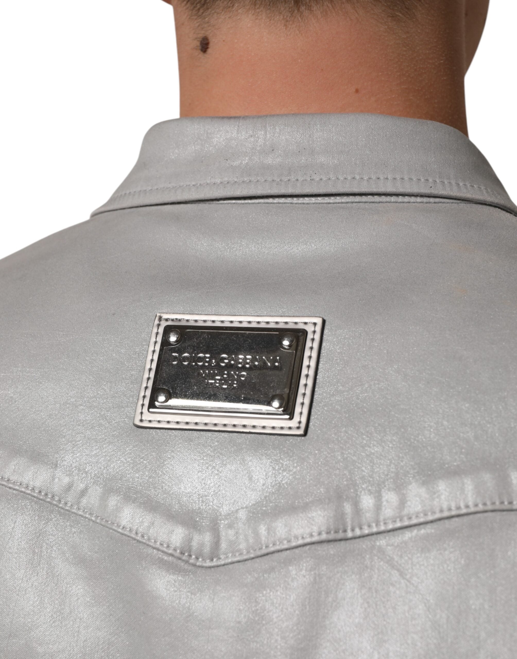 Dolce & Gabbana Gray Coated Cotton Snap Button Logo Men Shirt