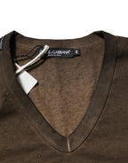 Dolce & Gabbana Dark Brown Cotton Tattered Logo Men T-shirt