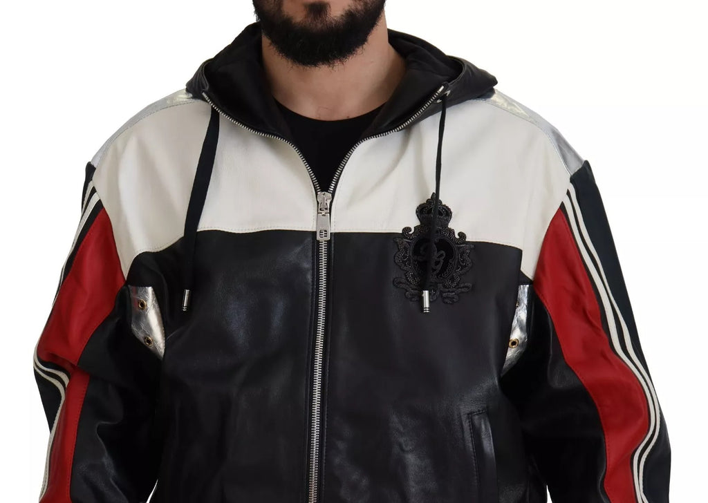 Dolce & Gabbana Black Leather Hooded Blouson Jacket