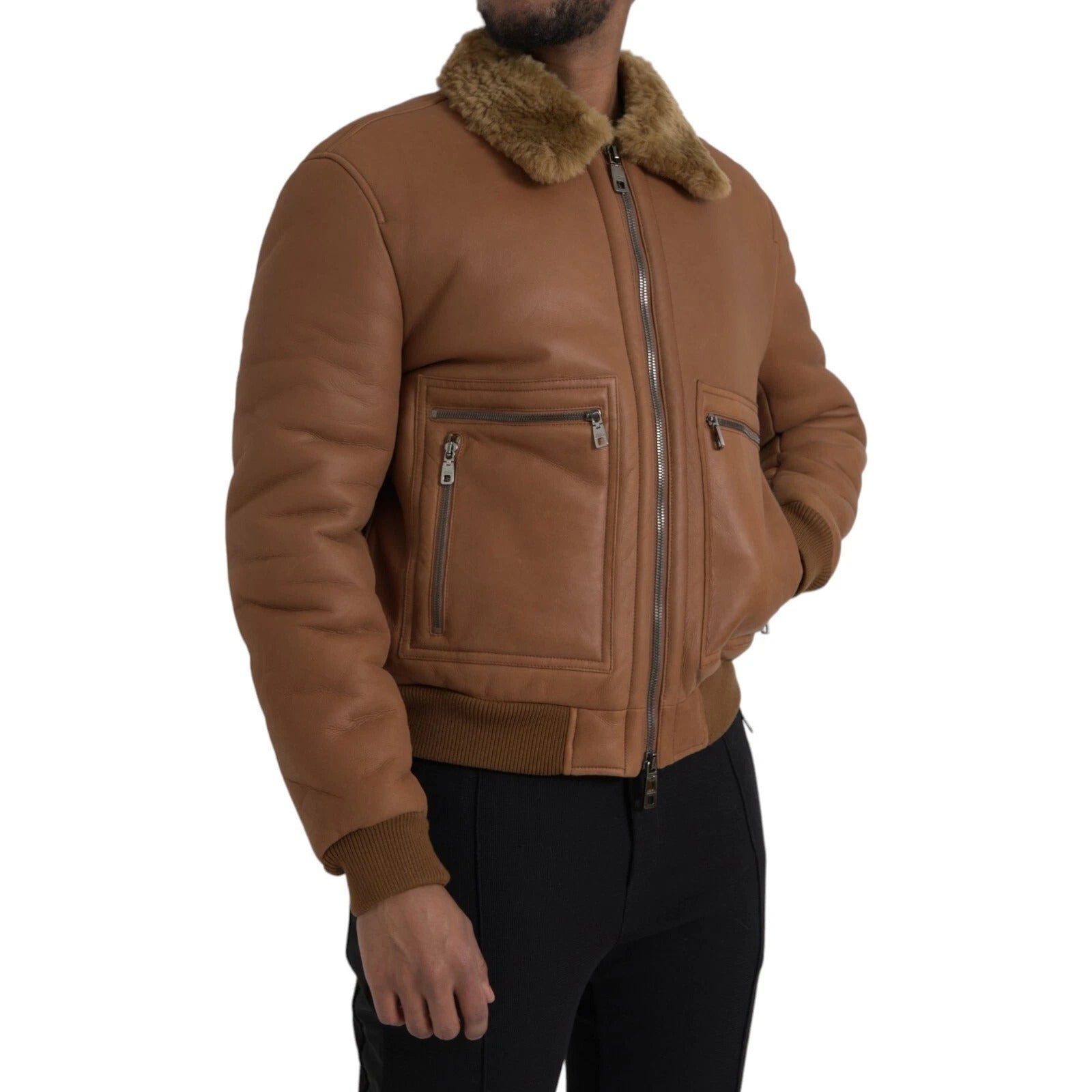 Dolce & Gabbana Brown Leather Fur Button Biker Coat Jacket