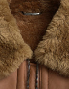 Dolce & Gabbana Brown Leather Fur Button Biker Coat Jacket