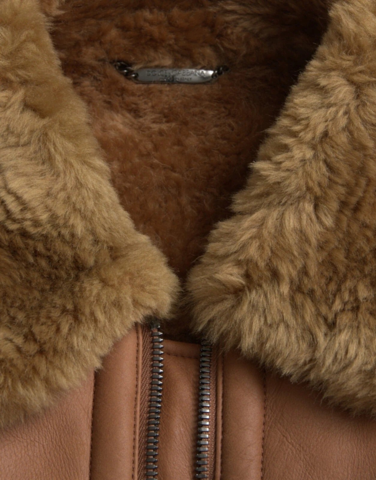 Dolce & Gabbana Brown Leather Fur Button Biker Coat Jacket
