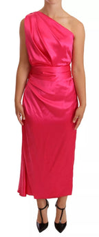 Dolce & Gabbana Pink Sheath Silk Bow Open Shoulder Dress