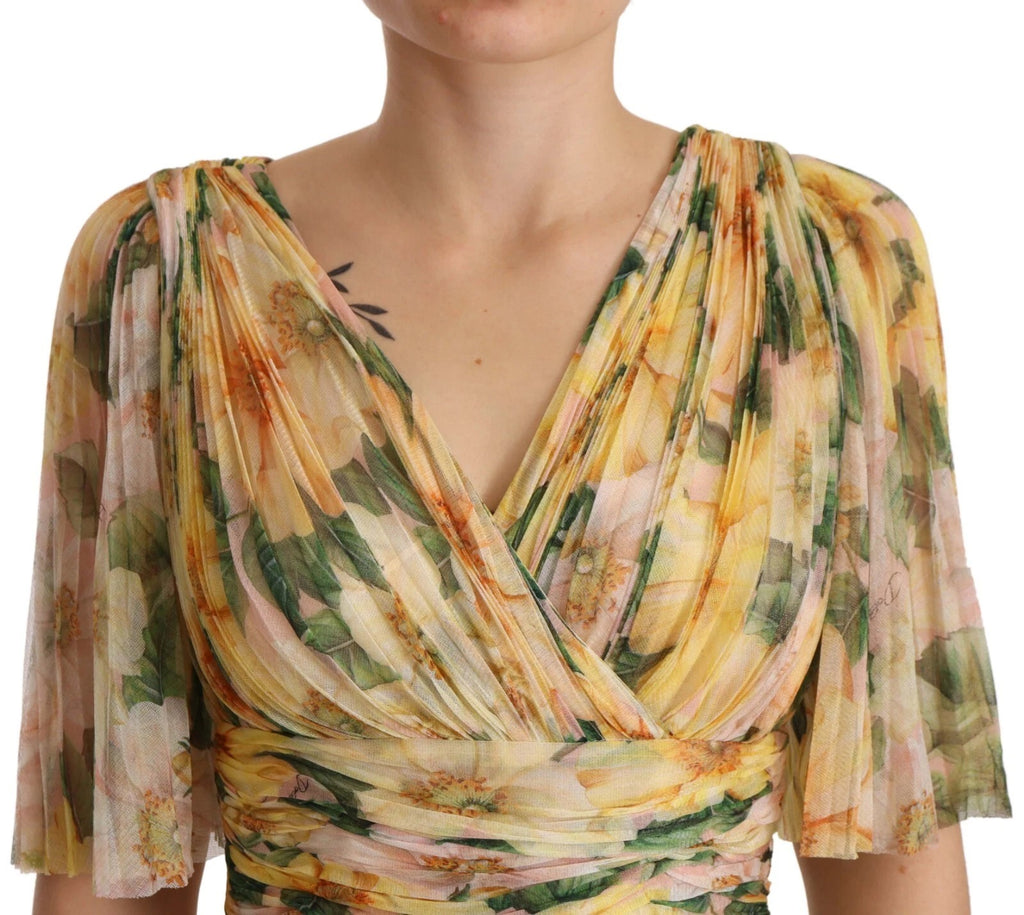 Dolce & Gabbana Yellow Floral Print Pleated Maxi Dress