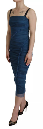 Dolce & Gabbana Blue Mesh Trim Ruched Tulle Sheath Dress