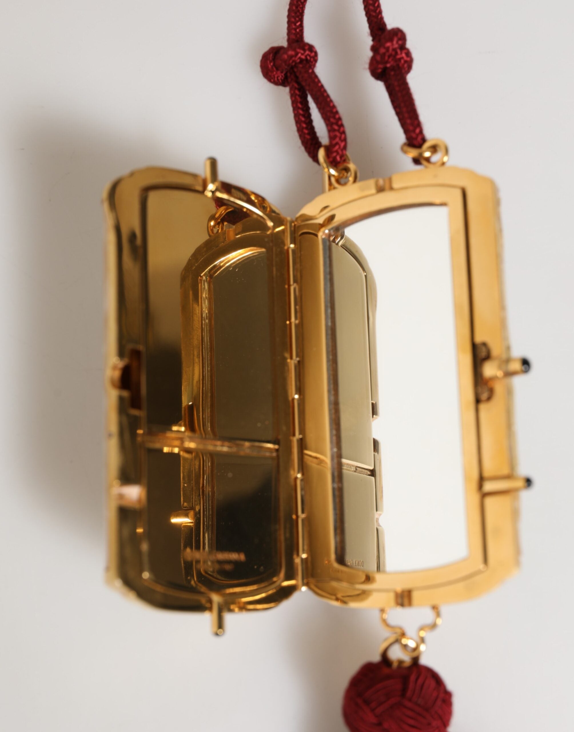 Dolce & Gabbana White Pearl Resin Gold Metal Red Tassel Pendant Bag