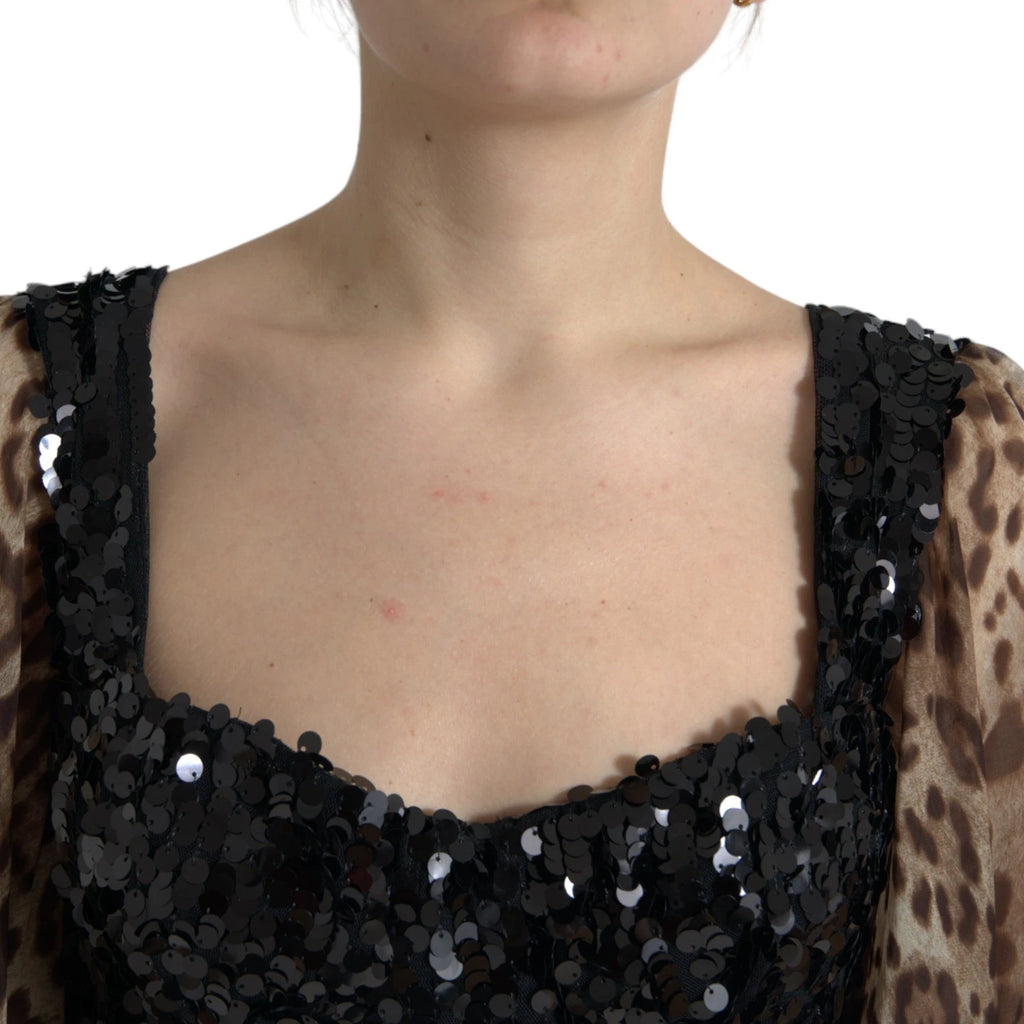 Dolce & Gabbana Leopard Print Silk Sequin Ruffle Maxi Dress