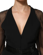 Emporio Armani Black Sheer Sleeve Belted V-Neck Mini Dress