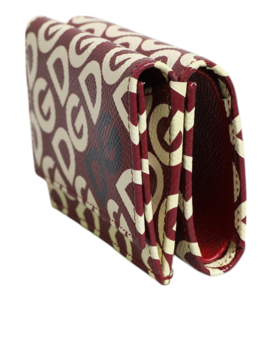 Dolce & Gabbana Burgundy Logo Print Calf Leather French Flap Card Holder Wallet