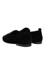 Dolce & Gabbana Black Velvet Gold Crown Mens Loafers Shoes