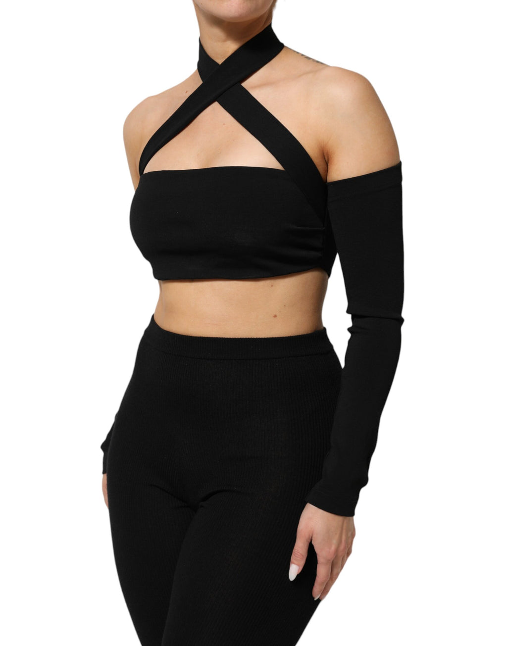 Dolce & Gabbana Black Viscose Halter Off Shoulder Cropped Top