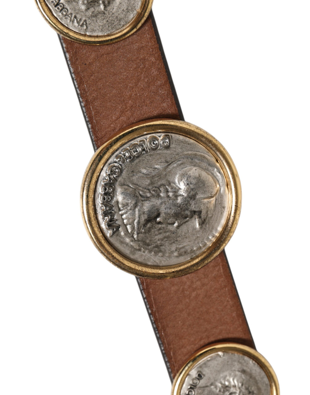 Dolce & Gabbana Brown Leather Gold Silver Coin Buckle Belt