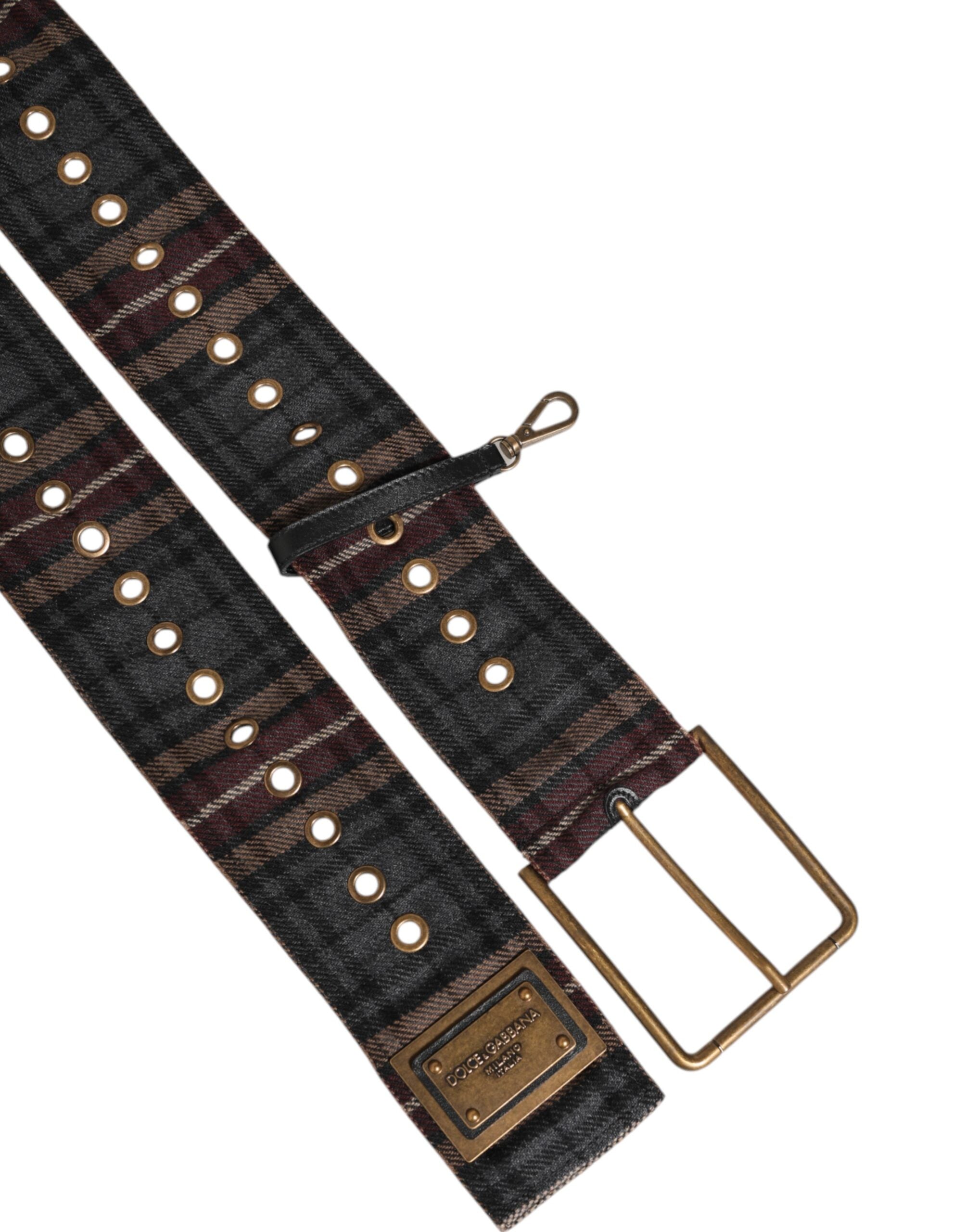 Dolce & Gabbana Plaid Fabric Logo Plate Brass Buckle Belt