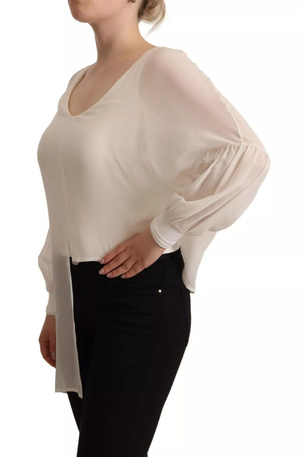 Patrizia Pepe Off White Silk Long Sleeves Deep Vneck Top