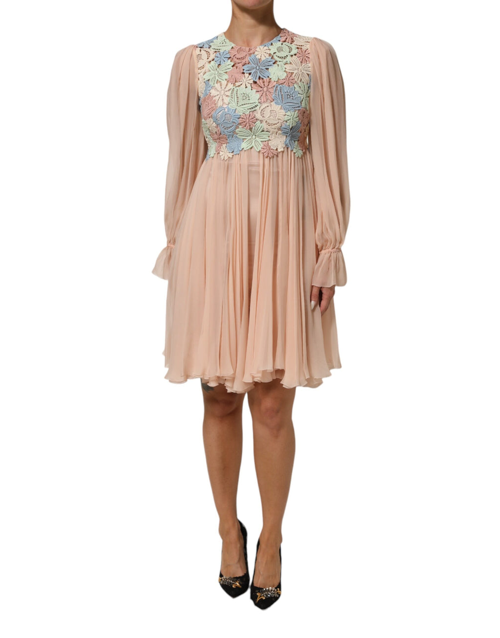 Dolce & Gabbana Pink Floral Embroidery Pleated A-line Dress