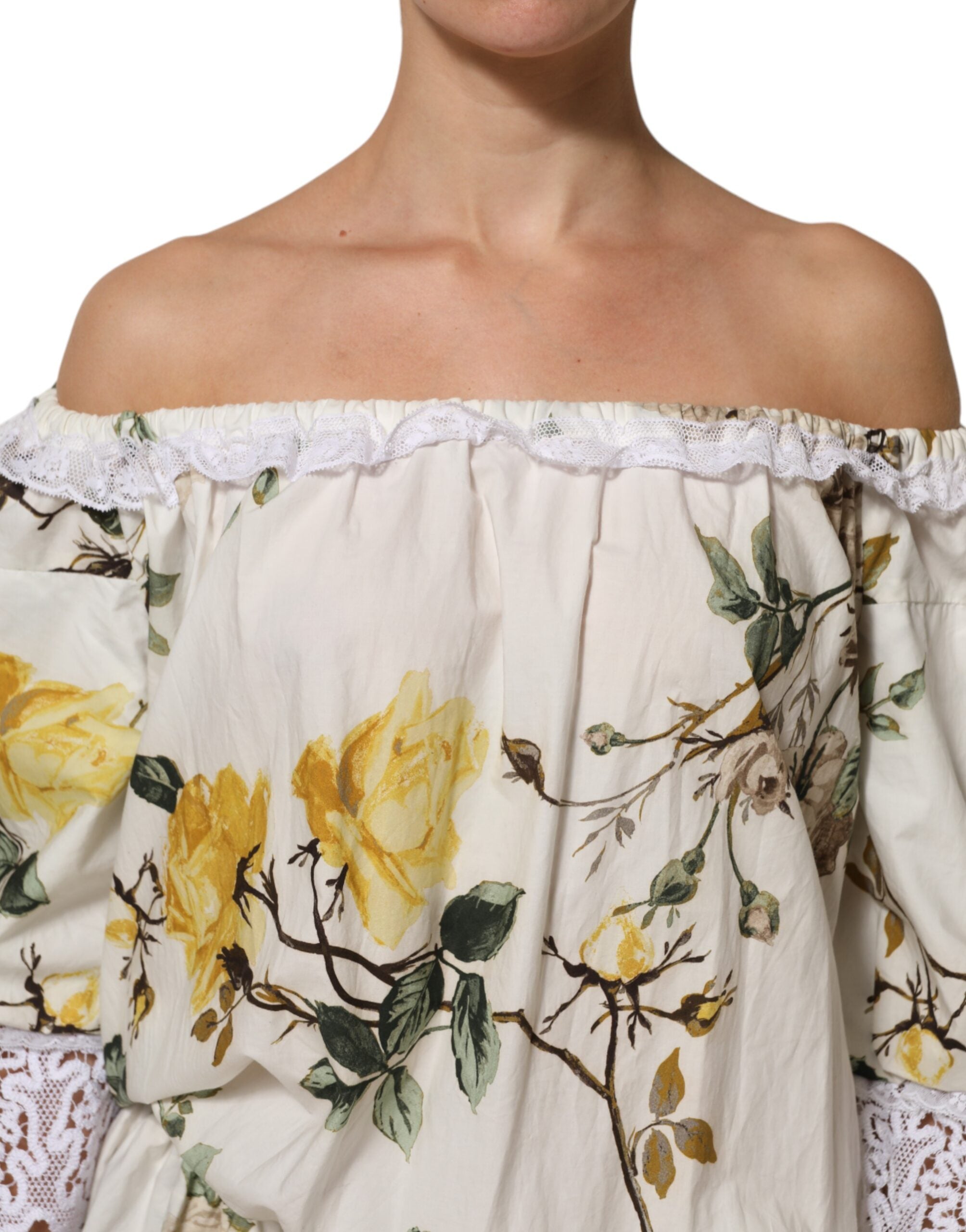 Dolce & Gabbana White Floral Lace Off Shoulder Mini Dress