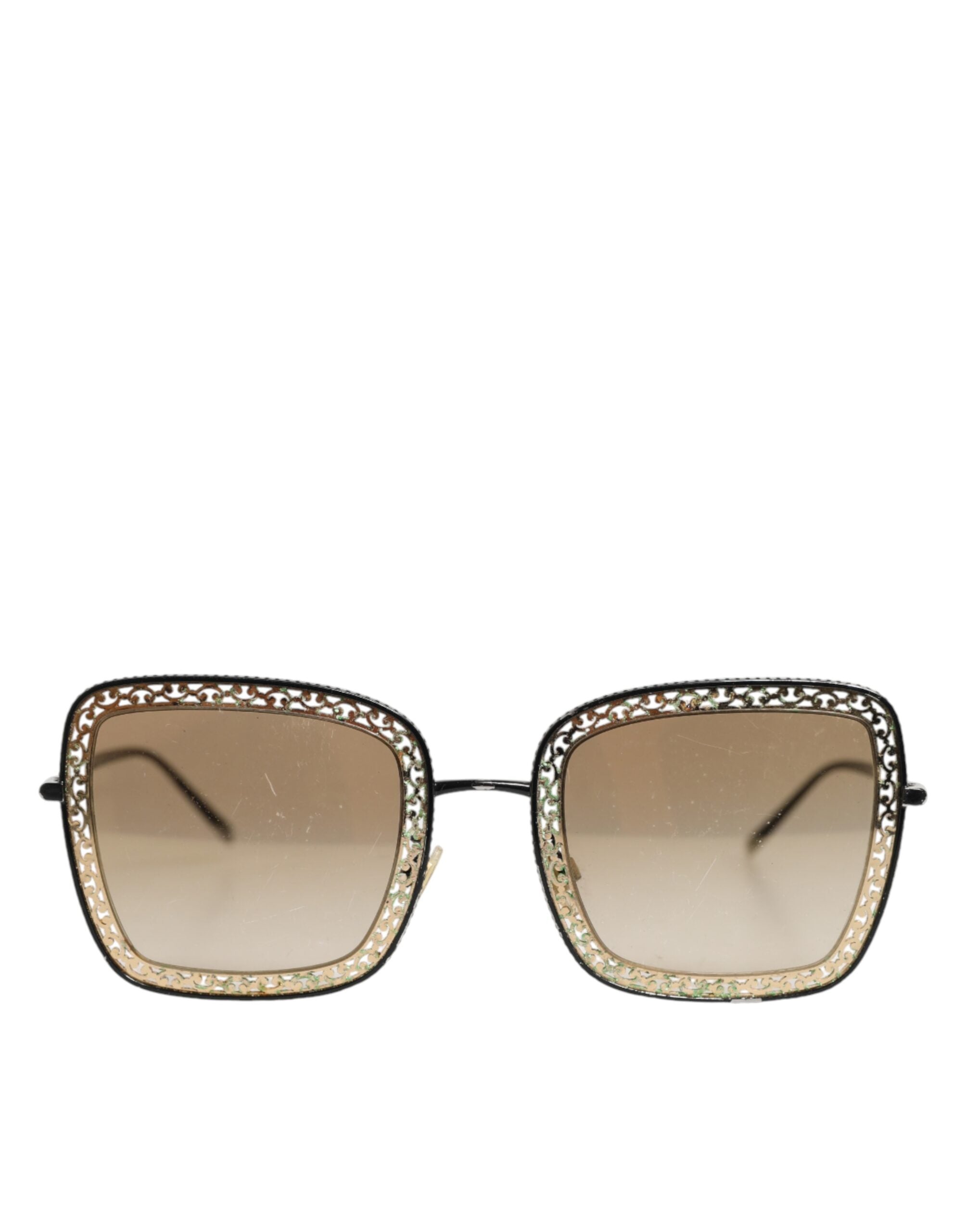 Dolce & Gabbana DG2225 Black Gold Lace Frame Brown Gradient Sunglasses