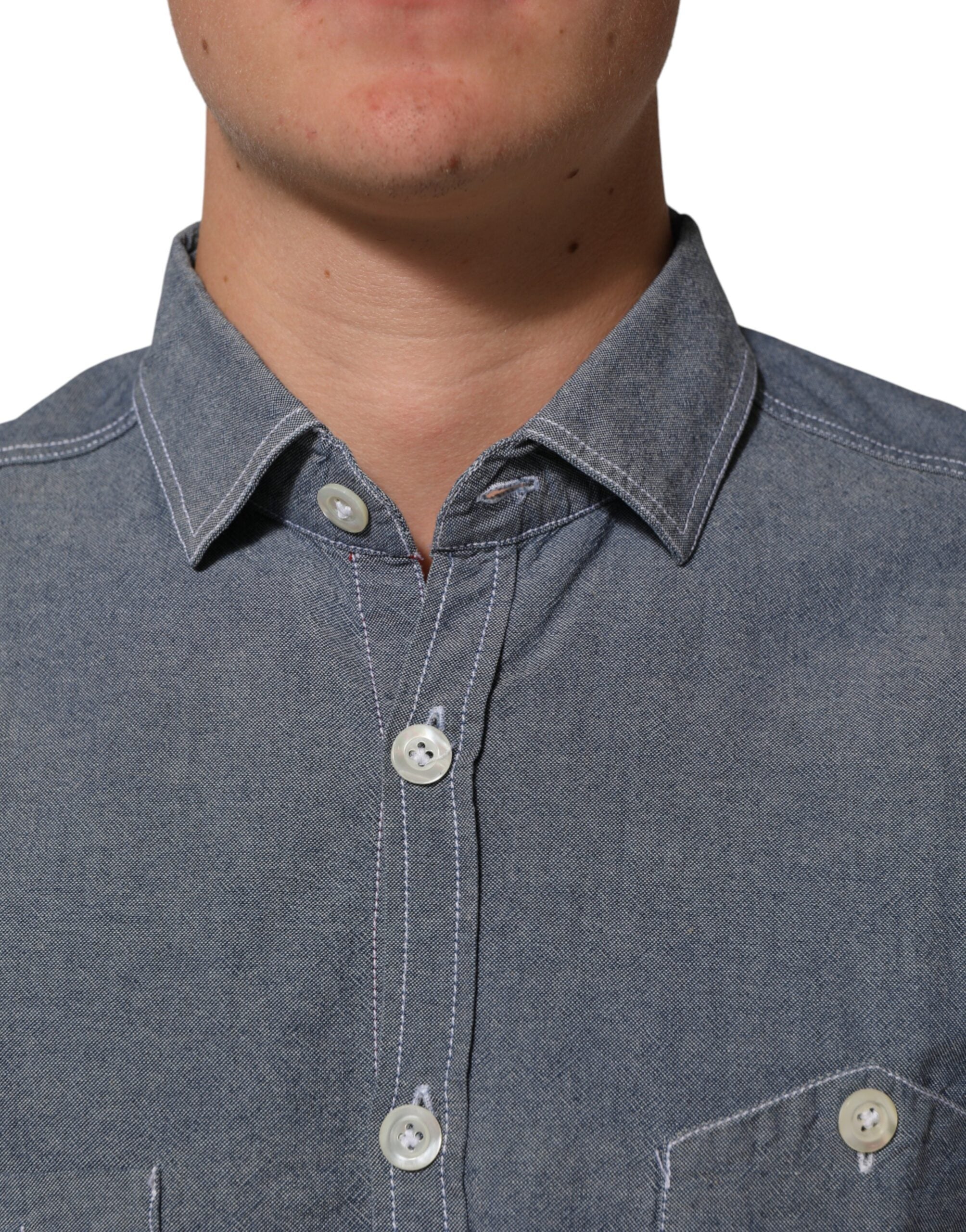 AGLINI Blue Denim Regular Fit Collared Long Sleeve Casual Shirt