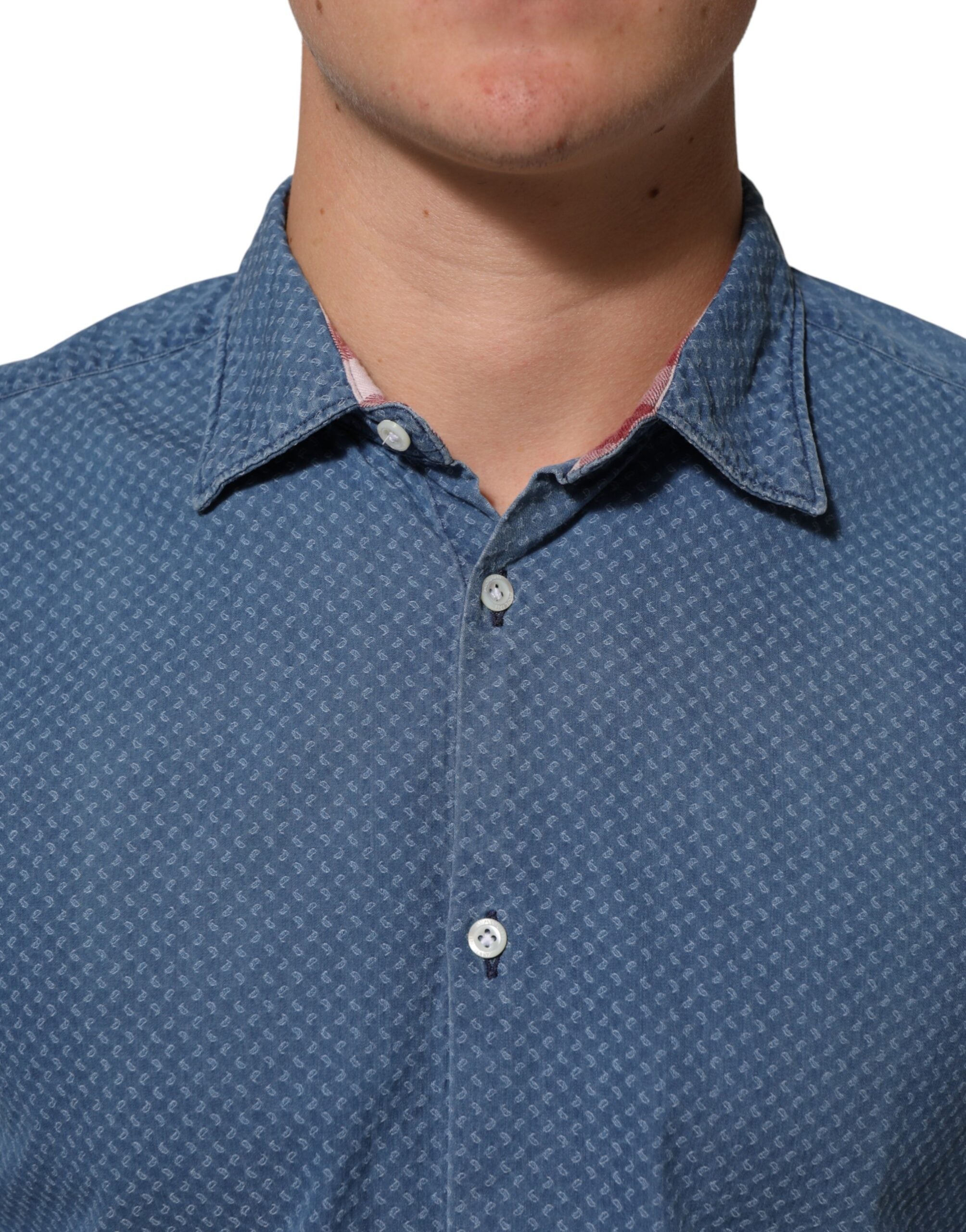AGLINI Blue Cotton Slim Fit Collared Long Sleeve Casual Shirt