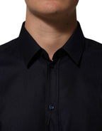 Dolce & Gabbana Blue Cotton Collared Long Sleeve GOLD Men Dress Shirt